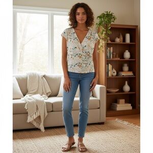 RW&Co. Floral wrap short sleeve blouse size XL